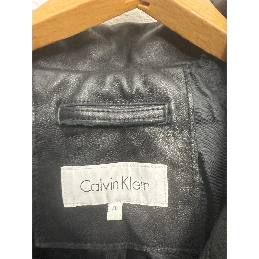 Calvin Klein Mens Black Leather Full Zip Jacket XL Classic Biker Minimalist
